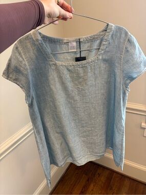Elemente Clemente Light Blue 100% Linen Square-Neck Short Sleeve Top